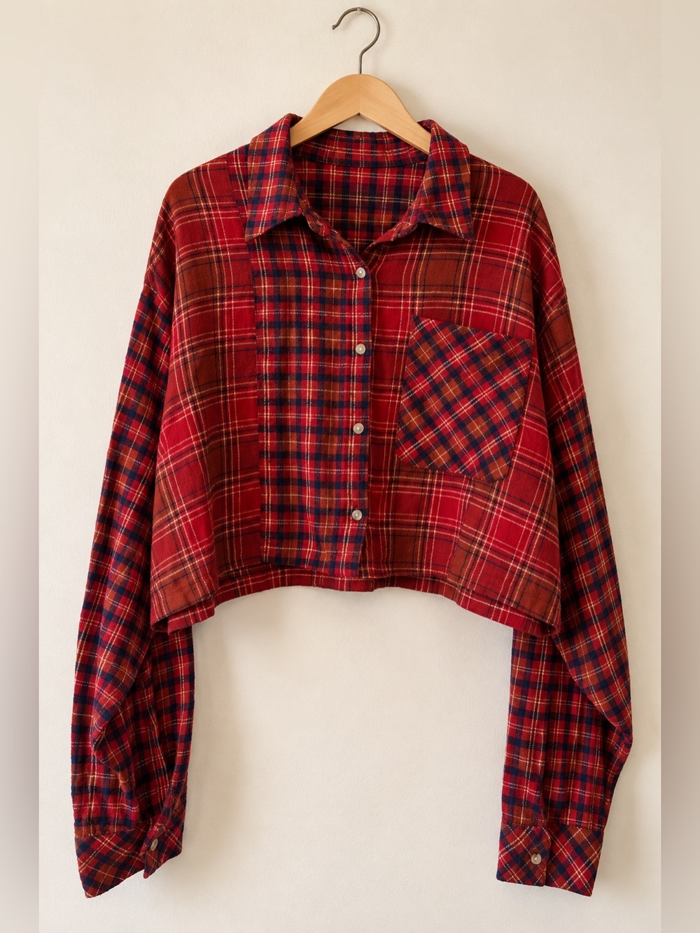 Arizona Jeans Co Mixed Red Plaid Cropped Flannel Patchwork Top NWT XXL #1244